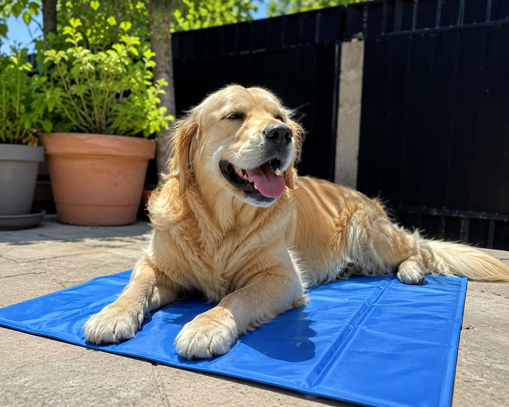 Hund liegt zufrieden auf der kühlenden Haustiermatte im Garten