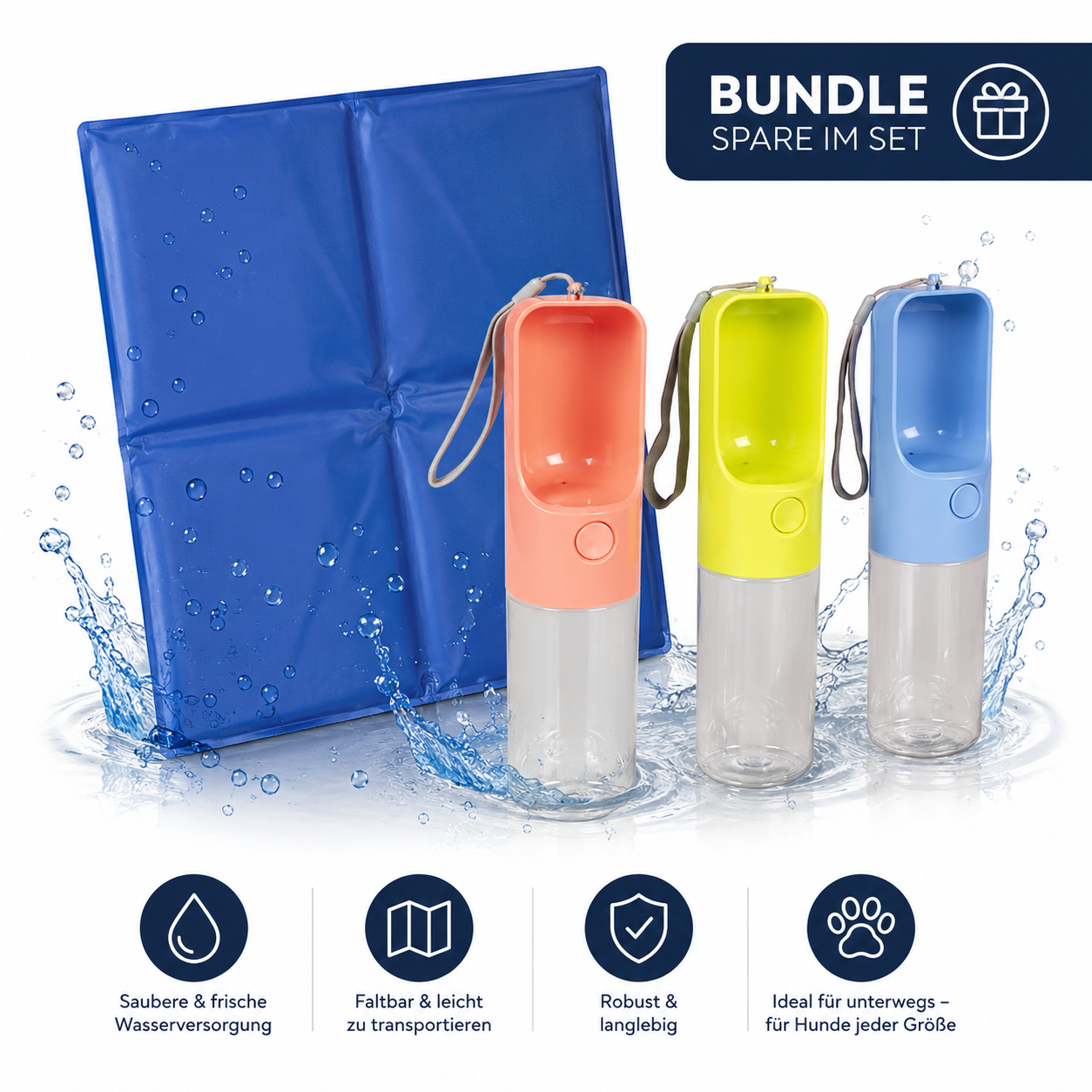Sommer-Set für Hunde: Kühlmatte 90 × 50 cm + Trinkflasche 450 ml