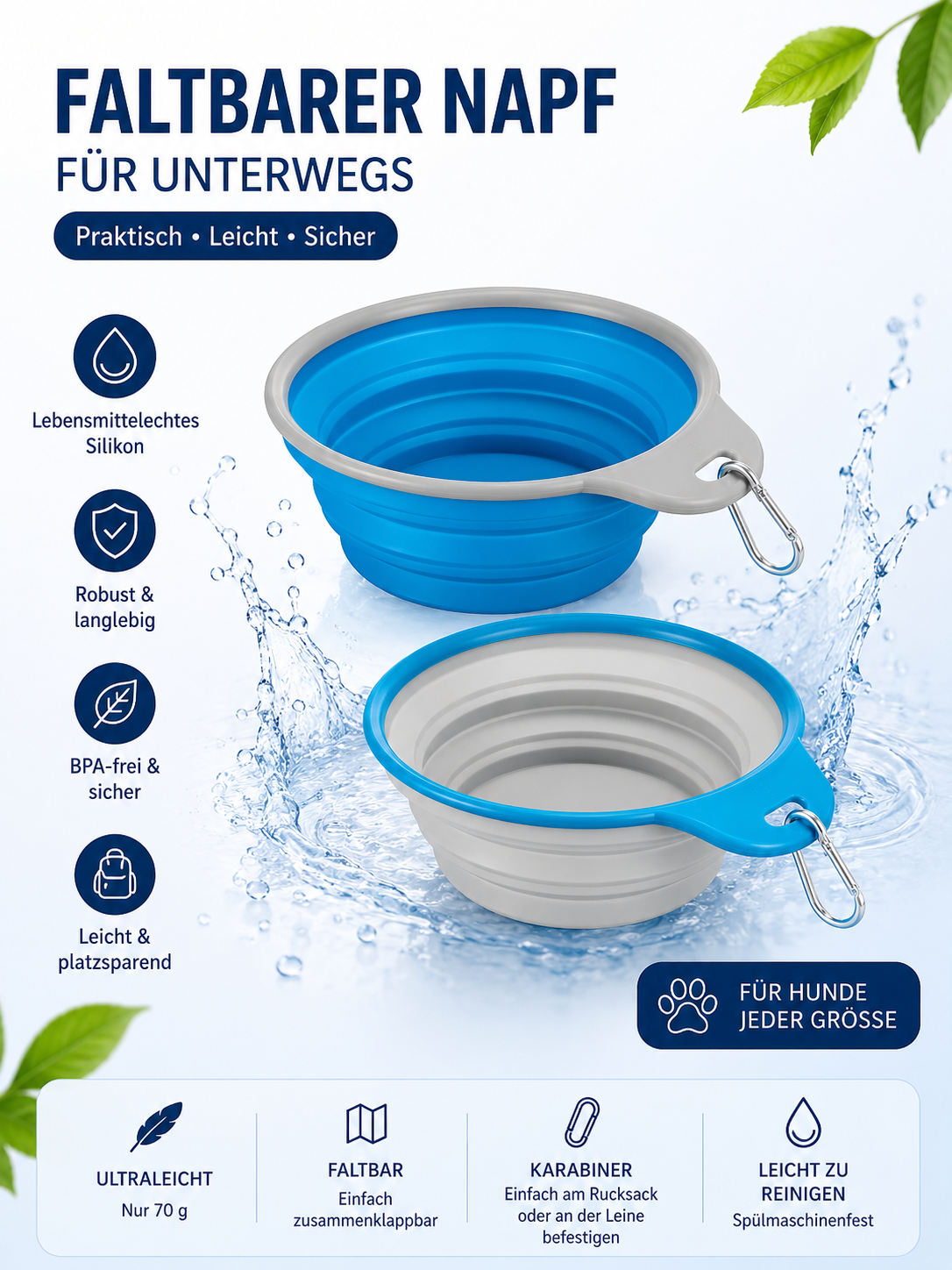 Faltbarer Reisenapf für Hunde – mit Karabiner